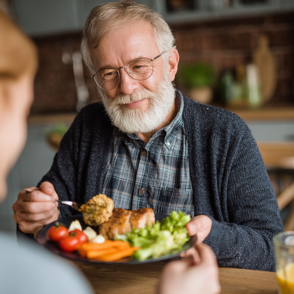 Happy elderly Ukrainian couple preparing healthy meals together in bright modern kitchen, both smiling while chopping vegetables